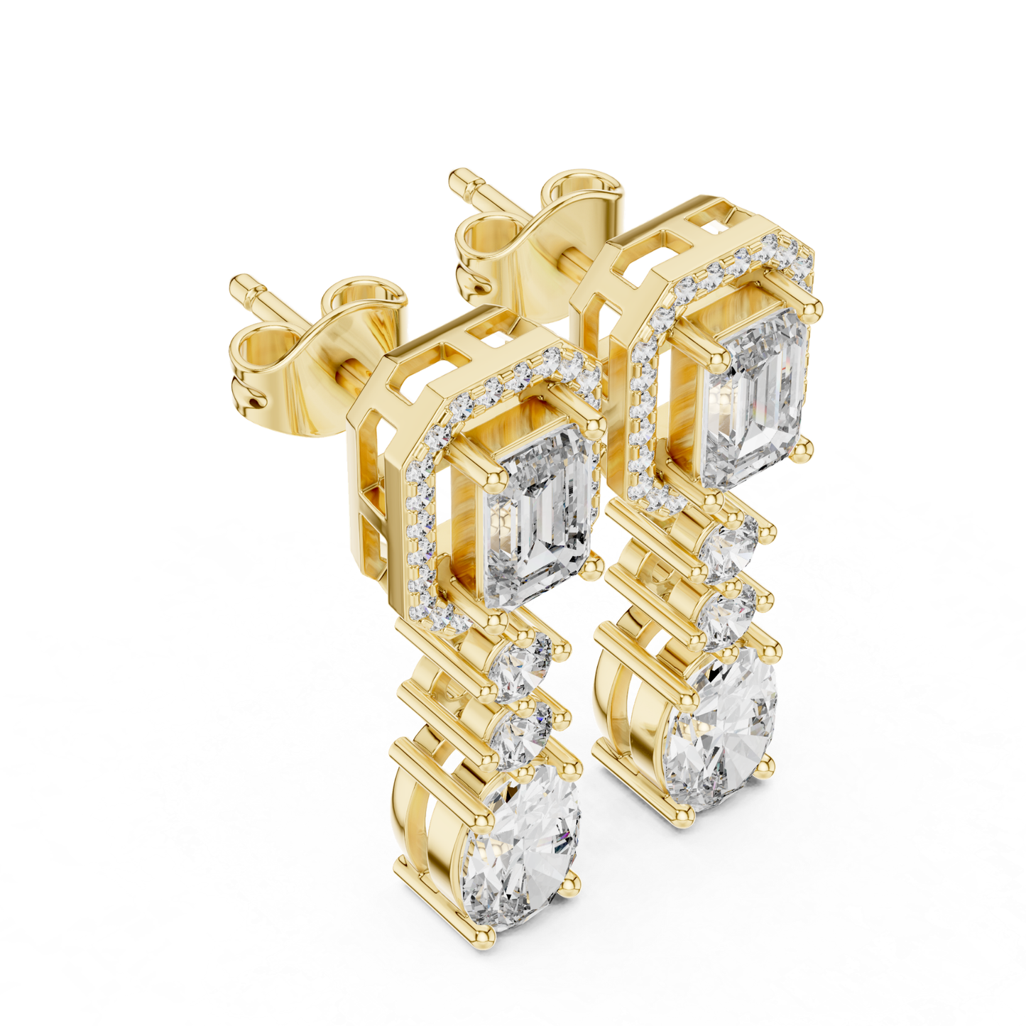 Angled view diamond drop earrings in yellow gold
Yellow gold emerald halo diamond dangle earrings angle view
Oval diamond drop earrings with emerald cut top
Luxury yellow gold geometric diamond earrings
Emerald and oval diamond drop earrings side angle
Yellow gold multi stone diamond dangle earrings
Angled profile lab diamond drop earrings
Elegant yellow gold statement diamond earrings
Emerald halo top with oval diamond drops
Yellow gold prong set diamond drop earrings