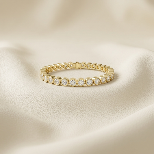 Yellow gold bezel set round diamond circle link bracelet
Circular framed brilliant diamonds arranged in a gold bracelet
Luxury round diamond bracelet with smooth halo style links
Elegant gold bracelet featuring individually enclosed diamond stones
Modern disc link diamond bracelet displayed on ivory leather
Fine jewelry bracelet with repeating circular diamond settings
Polished yellow gold bracelet with brilliant round stone stations
Contemporary round framed diamond bracelet with secure clasp
Refined circl