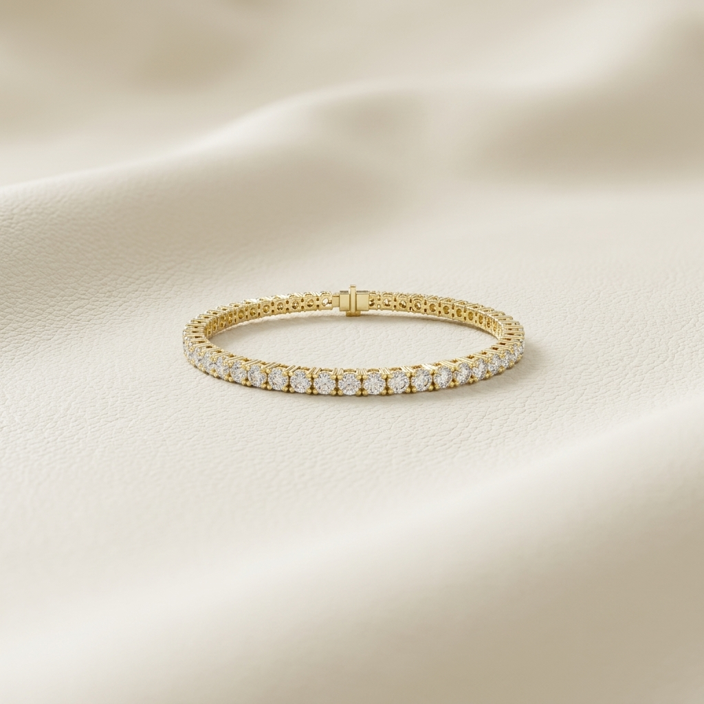 Yellow gold round diamond tennis bracelet
Classic round cut diamond line bracelet in yellow gold
Luxury single row diamond tennis bracelet on ivory background
Elegant yellow gold round diamond link bracelet
Fine jewelry brilliant cut diamond bracelet with clasp
Premium round diamond tennis bracelet close up
Sparkling yellow gold diamond line bracelet design
Timeless round stone diamond bracelet on cream surface
Luxury yellow gold multi stone diamond tennis bracelet
Elegant round cut diamond bracelet display