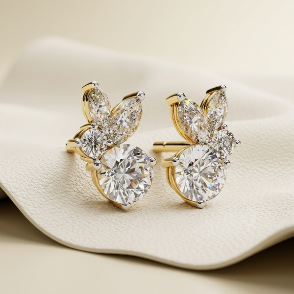 Round and Marquise Diamond Cluster Stud Earrings in yellow gold