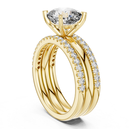 Yellow gold cushion cut diamond layered engagement ring
Side view cushion cut diamond pave ring
Yellow gold layered band diamond ring
Cushion cut solitaire ring with pave accents
Multi band yellow gold diamond engagement ring
Cushion diamond ring with curved layered shank
Yellow gold pave diamond stacked ring
Cushion cut diamond ring side profile view
Layered yellow gold bridal ring with diamonds
Pave diamond cushion cut engagement ring