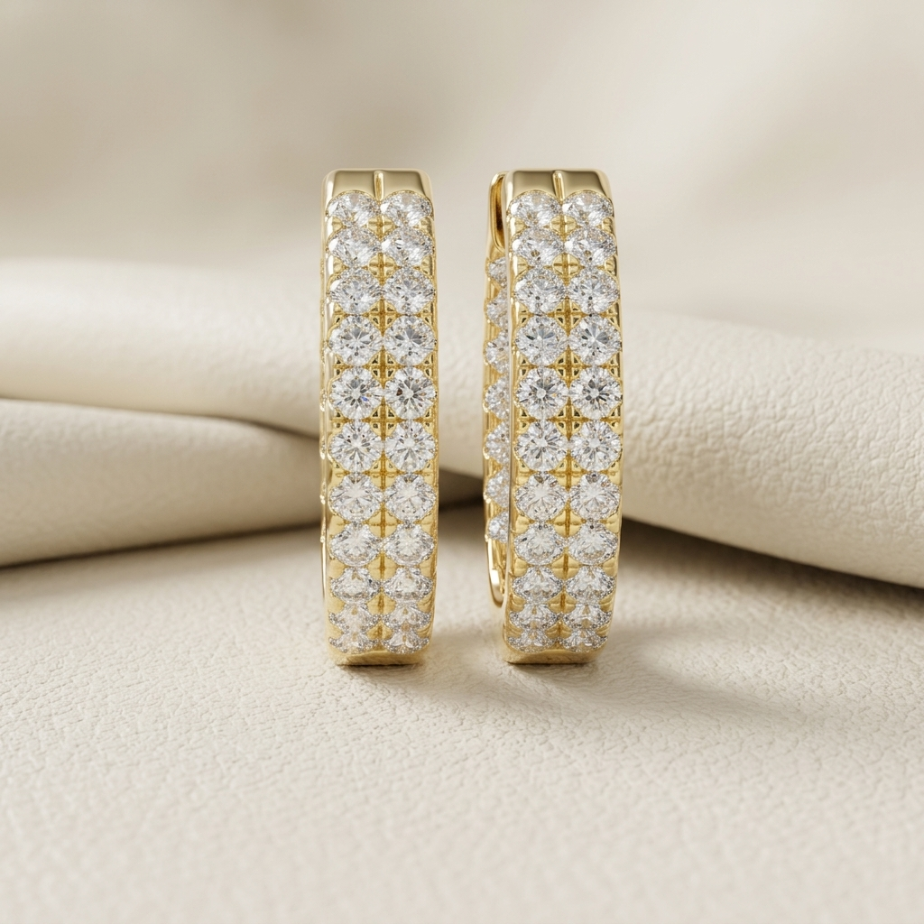 Yellow gold diamond hoop earrings with pavé setting
Luxury round diamond hoop earrings
Elegant yellow gold hoop earrings
Fine jewelry diamond hoop earrings
Premium gold pavé hoop earrings
Sparkling diamond hoops close up
Modern yellow gold diamond earrings
Brilliant diamond hoop jewelry
Classic gold hoop earrings with diamonds
Luxury diamond earrings product photo