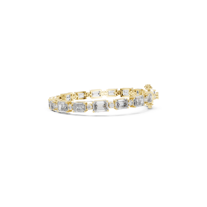Front view yellow gold emerald and round diamond bracelet
Yellow gold bracelet with emerald cut center stones
Mixed shape diamond tennis bracelet front angle
Emerald and round diamond bracelet with box clasp
Yellow gold bracelet featuring rectangular diamonds
Front profile emerald and round diamond line bracelet
Yellow gold diamond bracelet with accent round stones
Mixed cut diamond bracelet in front perspective
Emerald cut and round diamond bracelet design
Yellow gold tennis bracelet with geometric diamond