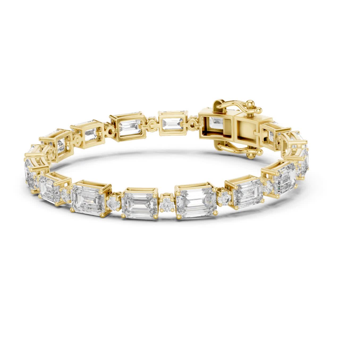 Side view yellow gold emerald and round diamond bracelet
Yellow gold tennis bracelet with emerald cut diamonds
Emerald and round diamond bracelet profile view
Yellow gold bracelet with mixed shape diamonds
Side angle emerald diamond tennis bracelet
Yellow gold bracelet featuring step cut diamonds
Emerald and round stone bracelet with clasp
Side profile mixed cut diamond bracelet
Yellow gold geometric diamond bracelet side view
Emerald and round diamond bracelet in yellow gold