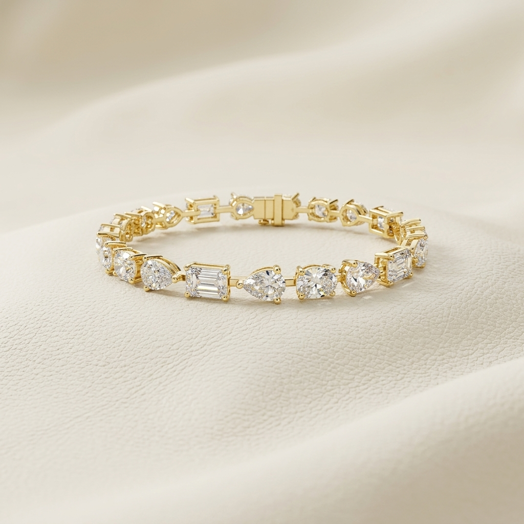 Yellow gold bracelet with alternating fancy shape diamonds
Mixed cut diamond bracelet featuring oval emerald and pear stones
Luxury gold bracelet with artistic multi shape diamond sequence
Elegant fancy diamond link bracelet displayed on ivory texture
Alternating pear oval and rectangular diamonds in polished gold
Designer mixed stone bracelet with asymmetrical diamond pattern
Fine jewelry gold bracelet showcasing varied diamond silhouettes
Contemporary diamond bracelet with rotating fancy cut arrangement
S