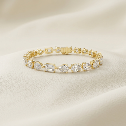 Yellow gold bracelet with alternating fancy shape diamonds
Mixed cut diamond bracelet featuring oval emerald and pear stones
Luxury gold bracelet with artistic multi shape diamond sequence
Elegant fancy diamond link bracelet displayed on ivory texture
Alternating pear oval and rectangular diamonds in polished gold
Designer mixed stone bracelet with asymmetrical diamond pattern
Fine jewelry gold bracelet showcasing varied diamond silhouettes
Contemporary diamond bracelet with rotating fancy cut arrangement
S