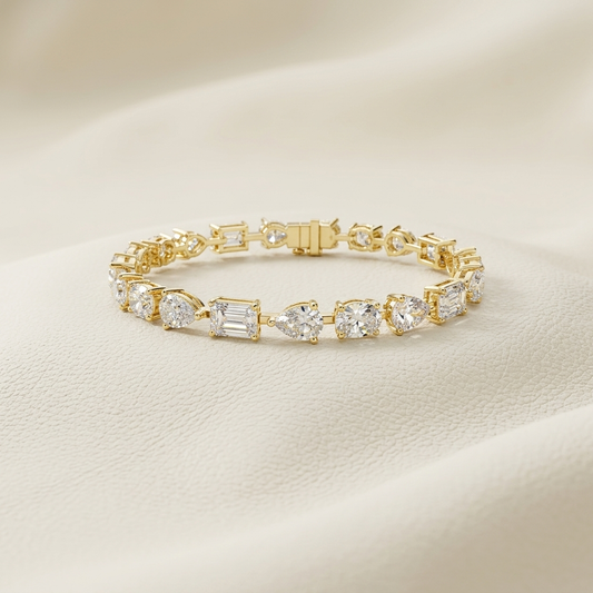 Yellow gold bracelet with alternating fancy shape diamonds
Mixed cut diamond bracelet featuring oval emerald and pear stones
Luxury gold bracelet with artistic multi shape diamond sequence
Elegant fancy diamond link bracelet displayed on ivory texture
Alternating pear oval and rectangular diamonds in polished gold
Designer mixed stone bracelet with asymmetrical diamond pattern
Fine jewelry gold bracelet showcasing varied diamond silhouettes
Contemporary diamond bracelet with rotating fancy cut arrangement
S