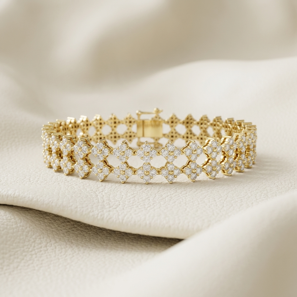 Yellow gold floral lattice diamond bracelet
Luxury flower motif diamond bracelet in yellow gold
Elegant openwork floral diamond link bracelet
Fine jewelry yellow gold cluster diamond bracelet
Premium interlocking flower diamond bracelet design
Sparkling floral pattern diamond statement bracelet
Luxury wide yellow gold diamond bracelet close up
Contemporary floral lattice diamond bracelet with clasp
Elegant repeating flower diamond link bracelet
Yellow gold openwork floral diamond bracelet on beige backgroun