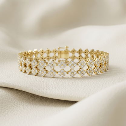 Yellow gold floral lattice diamond bracelet
Luxury flower motif diamond bracelet in yellow gold
Elegant openwork floral diamond link bracelet
Fine jewelry yellow gold cluster diamond bracelet
Premium interlocking flower diamond bracelet design
Sparkling floral pattern diamond statement bracelet
Luxury wide yellow gold diamond bracelet close up
Contemporary floral lattice diamond bracelet with clasp
Elegant repeating flower diamond link bracelet
Yellow gold openwork floral diamond bracelet on beige backgroun