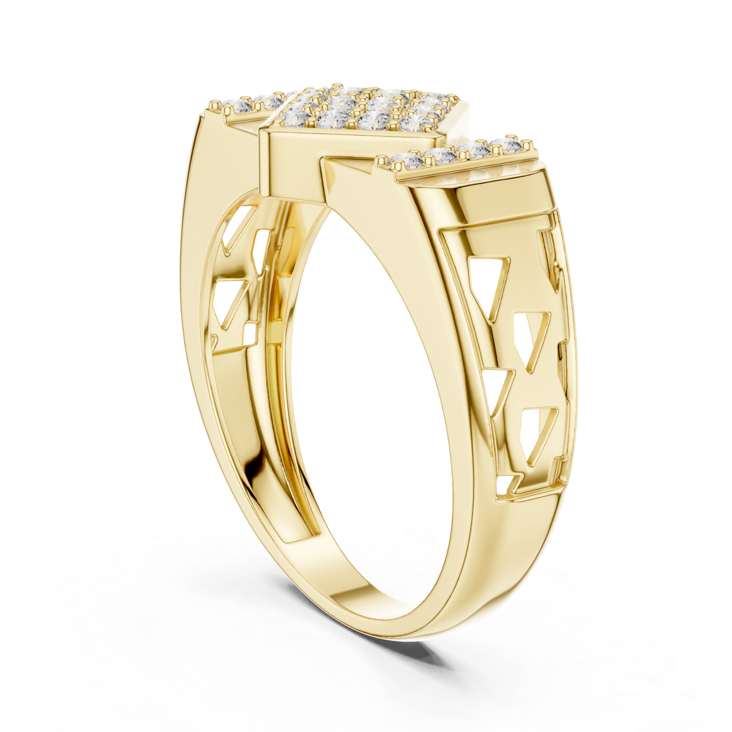 Yellow gold geometric diamond ring rear view
Rear view of diamond cluster ring in yellow gold
Yellow gold statement ring with open band design
Polished yellow gold ring with geometric rear profile
Round cut diamond ring with rear gold band
Yellow gold fashion ring with raised cluster top
Elegant rear view of yellow gold diamond ring
Modern yellow gold geometric ring with open profile
Luxury yellow gold ring with polished rear finish
Yellow gold multi diamond ring with bold rear band
