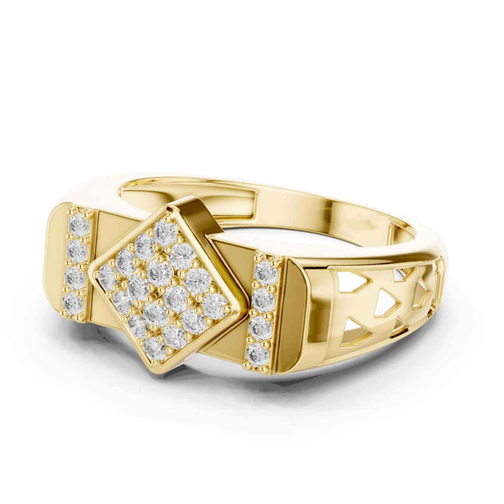 Yellow gold geometric diamond ring side view
Side view of diamond cluster ring in yellow gold
Yellow gold statement ring with geometric band detail
Polished yellow gold ring with diamond side profile
Round cut diamond ring with geometric gold band
Yellow gold fashion ring with angled cluster top
Elegant side view of yellow gold diamond ring
Modern yellow gold geometric ring with tapered band
Luxury yellow gold ring with polished side finish
Yellow gold multi diamond ring with open side detail
