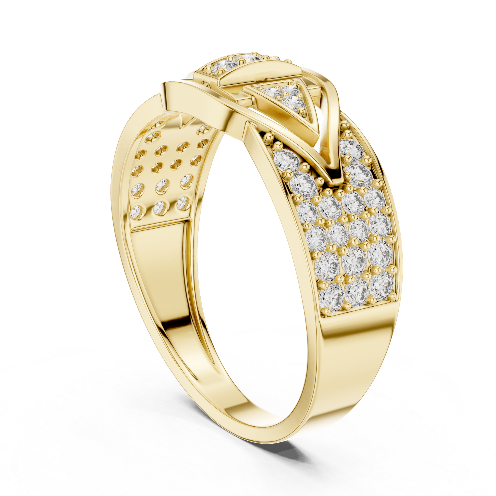 Perspective view yellow gold geometric diamond ring
Yellow gold round diamond ring angled design
Yellow gold statement diamond ring perspective view
Geometric yellow gold ring with round diamonds
Modern yellow gold diamond band angled profile
Round diamond yellow gold luxury fashion ring
Yellow gold architectural style diamond ring
Yellow gold designer ring with diamond accents
Wide band yellow gold cluster diamond ring
Angled yellow gold geometric diamond ring view