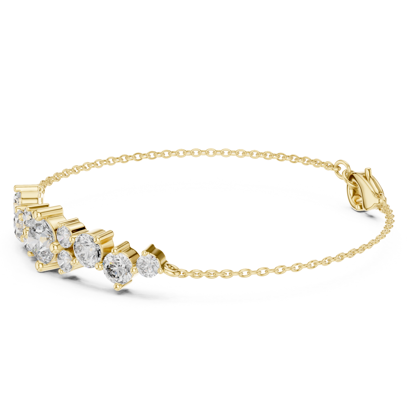 Side angle yellow gold graduated diamond bracelet
Yellow gold chain bracelet with round diamond cluster
Diamond bracelet with graduated center arrangement
Yellow gold bracelet showing prong set diamonds
Angled profile round diamond chain bracelet
Yellow gold bracelet with cascading round stones
Multi stone diamond chain bracelet side perspective
Yellow gold graduated diamond bracelet profile
Fine chain bracelet with round diamond accents
Side view yellow gold diamond centerpiece bracelet