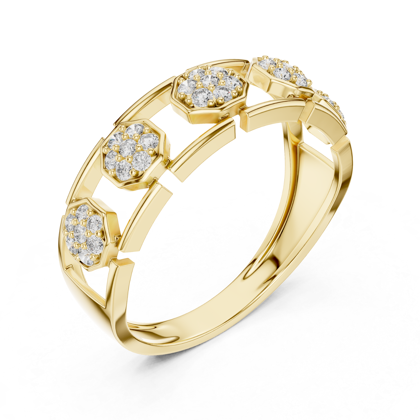 Yellow gold hexagon diamond station ring
Modern yellow gold geometric diamond link ring
Yellow gold open gallery diamond band ring
Round diamond yellow gold hexagon motif ring
Yellow gold connected station diamond ring
Contemporary yellow gold cluster diamond band
Yellow gold architectural diamond fashion ring
Elegant yellow gold open link band ring
Yellow gold designer hexagon diamond ring
Round diamond yellow gold geometric station ring