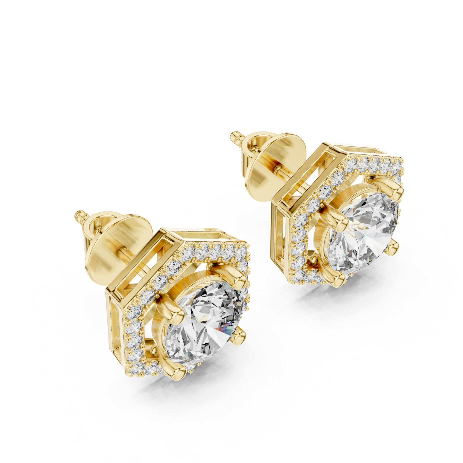 Yellow gold hexagon halo diamond studs angle view
Round diamond hexagon studs side profile view
Hexagon halo diamond earrings angle profile view
Yellow gold diamond studs perspective angle view
Round diamond halo studs angled side view
Hexagon diamond stud earrings profile view
Yellow gold geometric studs angle profile view
Halo diamond stud earrings angled view
Hexagon framed diamond studs profile view
Round diamond hexagon earrings angled view