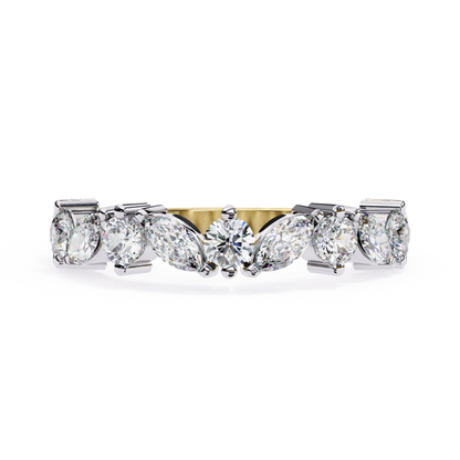 Front angle diamond ring
Marquise round stone layout
Yellow gold stone band
Prong diamond row view
Mixed cut diamond line
Straight diamond band view
Gold band stone setting
Marquise center stone angle
Diamond ring front view
Stone row gold band