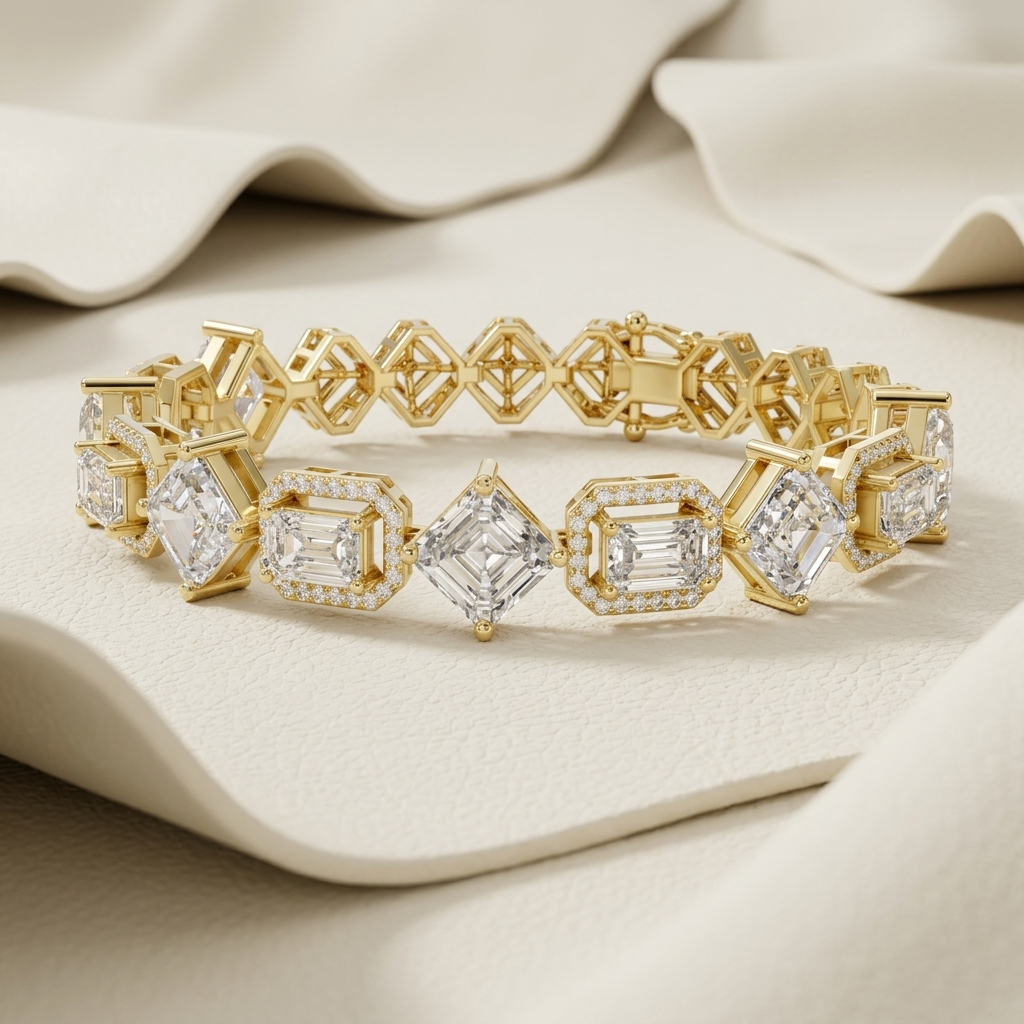 Yellow gold mixed cut geometric diamond bracelet
Luxury emerald and asscher cut diamond link bracelet
Elegant multi shape diamond bracelet in yellow gold
Fine jewelry geometric diamond statement bracelet
Premium emerald cut halo diamond link bracelet
Sparkling asscher and emerald diamond bracelet design
Luxury mixed shape diamond bracelet with geometric links
Contemporary yellow gold diamond link bracelet close up
Elegant large stone diamond statement bracelet
Yellow gold geometric multi cut diamond bracele