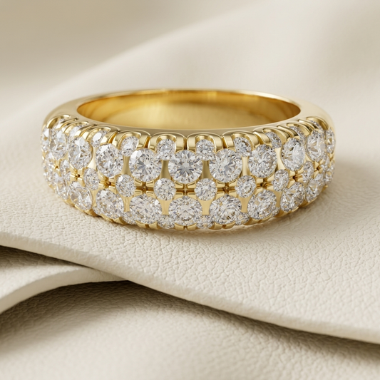 Yellow gold multi row round diamond band ring
Luxury wide diamond wedding band in gold
Close up of brilliant diamond band ring
Elegant yellow gold pavé diamond ring
Premium round diamond statement band
Fine jewelry multi row diamond ring
Sparkling yellow gold diamond band
Modern wide diamond ring design
High polish gold band with diamonds
Luxury diamond ring close up