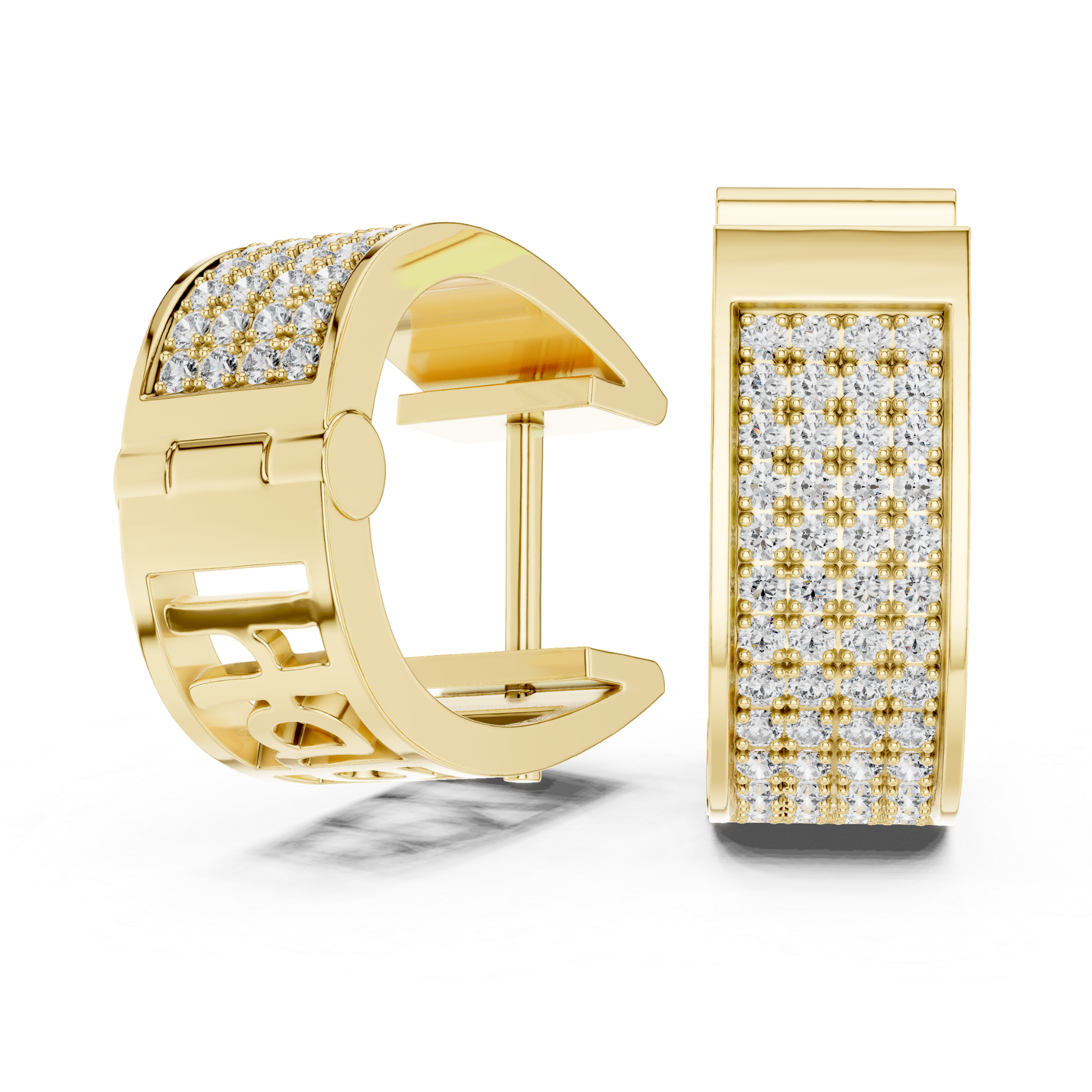 Yellow gold multi row round diamond hoop earrings
Yellow gold pave diamond hoop earrings front view
Round diamond hoop earrings with multi row setting
Yellow gold diamond huggie hoop earrings angle view
Wide hoop earrings with round brilliant diamonds
Yellow gold round diamond earrings close up view
Multi row pave set diamond hoop earrings
Yellow gold diamond hoop earrings side angle
Round diamond hoop earrings with wide profile
Yellow gold hoop earrings with round diamond rows