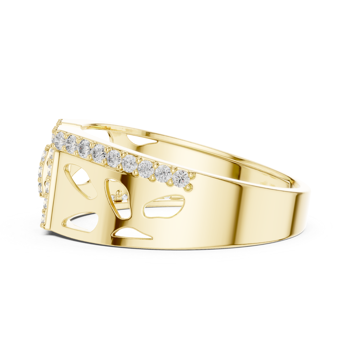 Yellow gold openwork diamond band ring side view
Side profile yellow gold cutout diamond ring
Yellow gold modern open design band ring
Contemporary yellow gold diamond ring side angle
Yellow gold geometric cutout band with diamonds
Bold yellow gold statement ring side profile
Yellow gold luxury openwork diamond band
Elegant yellow gold designer ring side view
Yellow gold fashion band with round diamonds
Yellow gold polished open style diamond ring