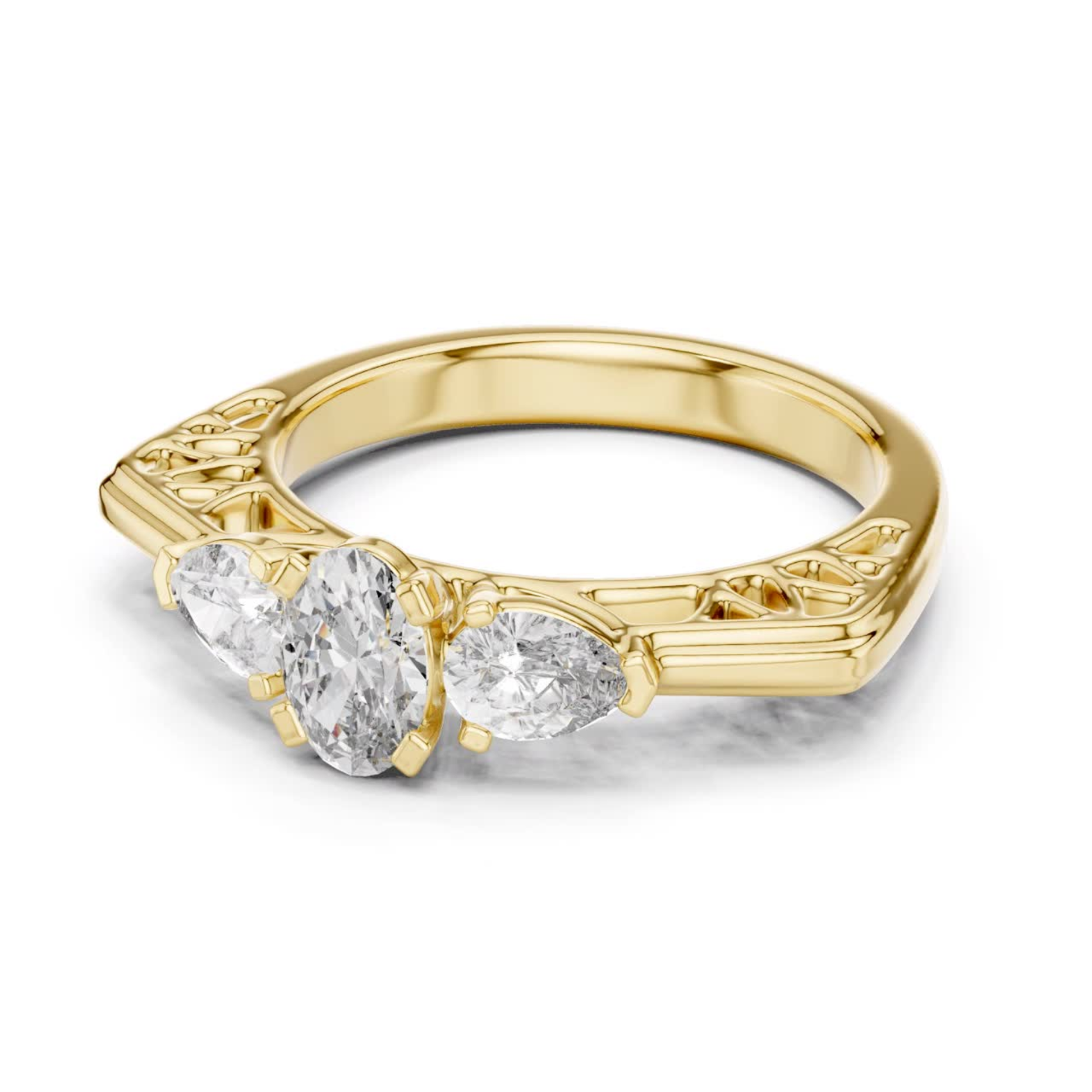 Yellow gold oval cut diamond ring front view
Three stone pear side diamond ring yellow gold
Oval center diamond ring with pear sides yellow gold
Front angle yellow gold three stone diamond ring
Yellow gold engagement ring oval cut center stone
Pear side diamond ring yellow gold setting
Oval cut diamond ring yellow gold close view
Yellow gold ring with three stone design
Side view oval cut diamond ring yellow gold
Minimal three stone diamond ring yellow gold