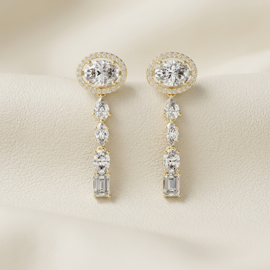 Yellow gold oval halo diamond drop earrings
Luxury marquise diamond dangle earring design
Elegant multi shape diamond drop earrings
Oval cut diamond halo earrings with marquise drops
Fine jewelry yellow gold long diamond earrings
Premium oval marquise and emerald cut diamond earrings
Sophisticated multi stone diamond dangle earrings
Luxury cascading diamond drop earring pair
Contemporary mixed cut diamond statement earrings
Elegant yellow gold diamond drop earring collection