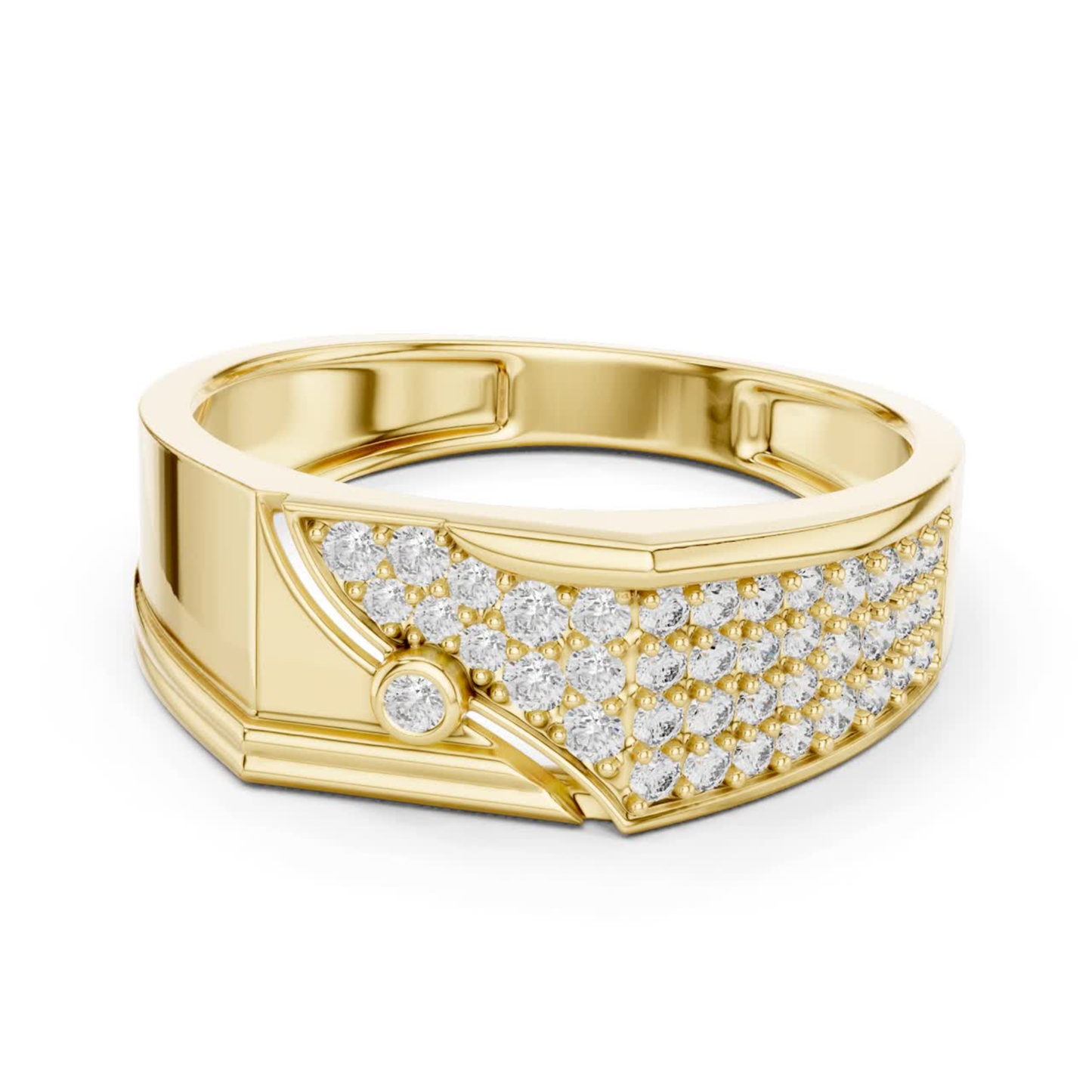 Yellow gold pave diamond band ring side view
Side profile yellow gold diamond statement ring
Yellow gold wide band with pave diamonds
Modern yellow gold diamond ring side angle
Contemporary yellow gold pave diamond band
Yellow gold luxury ring with diamond rows
Elegant yellow gold side view diamond ring
Yellow gold geometric pave diamond profile
Bold yellow gold fashion ring side detail
Yellow gold designer band with pave diamonds