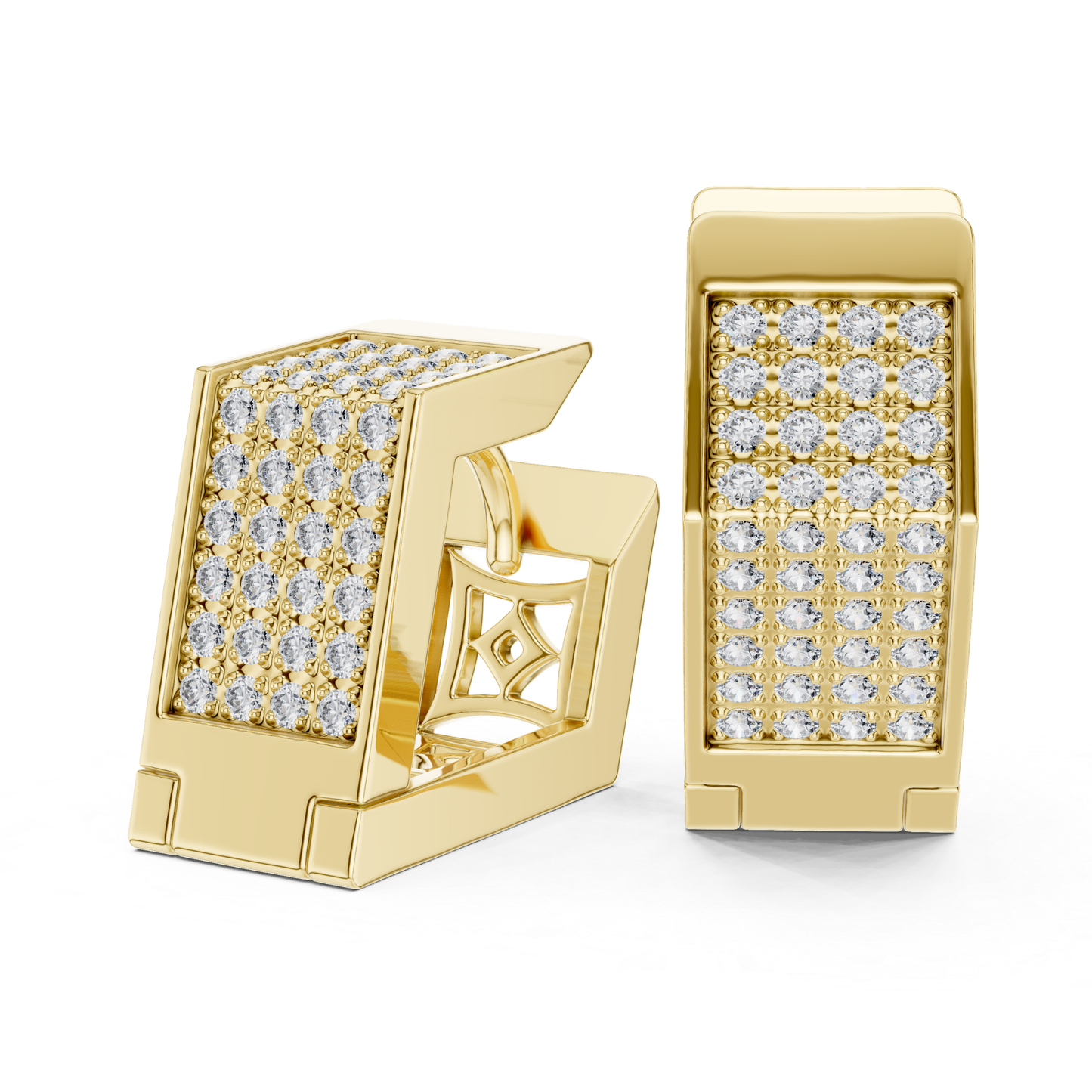 Perspective view yellow gold Pave diamond hoop earrings
Yellow gold round diamond hoop earrings geometric design
Yellow gold diamond hoop earrings angled perspective
Multi row Pave diamond earrings in yellow gold
Yellow gold rectangular diamond hoop earrings
Round diamond Pave earrings with open gallery
Yellow gold diamond earrings three quarter view
Geometric hoop earrings with round diamonds in yellow gold
Yellow gold Pave diamond earrings showcase view
Modern yellow gold round diamond hoop earrings