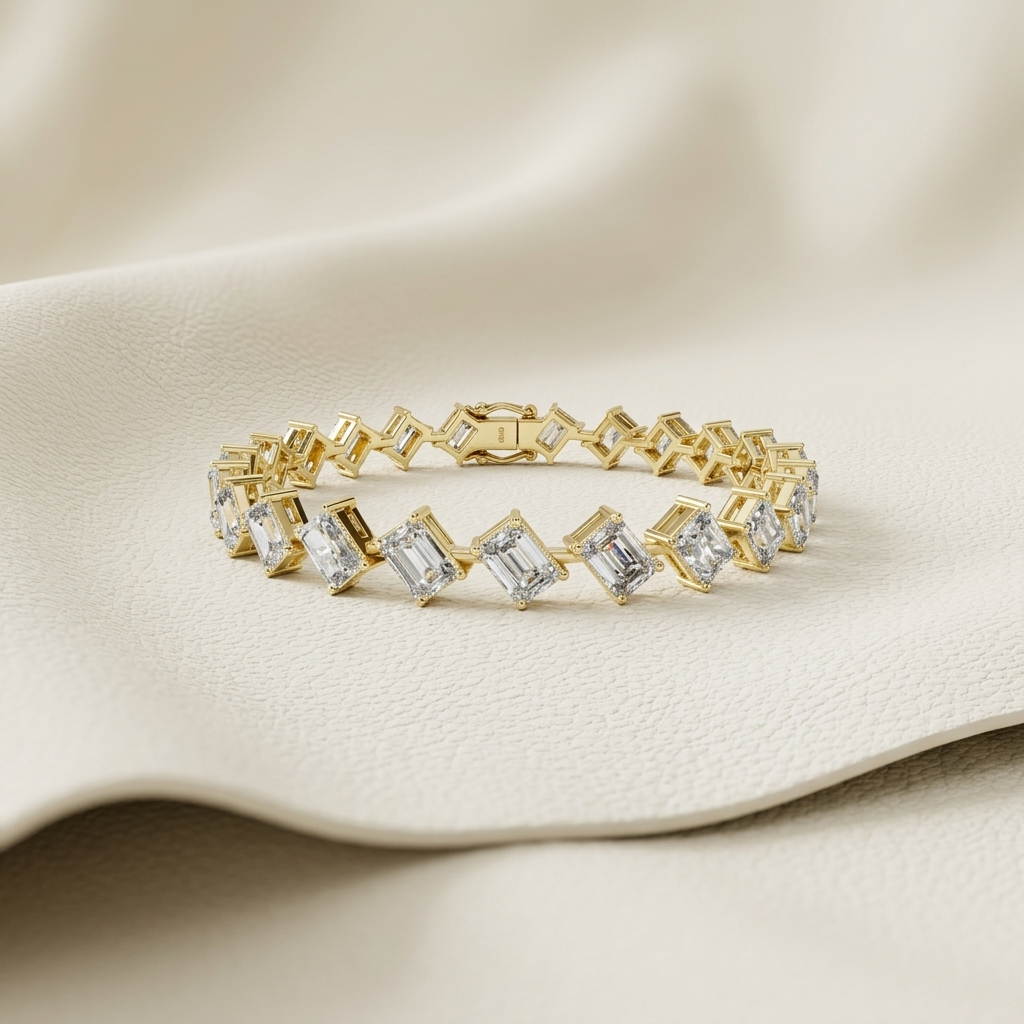Yellow gold radiant cut diamond link bracelet
Luxury rectangular diamond bracelet in yellow gold
Elegant radiant diamond line bracelet on ivory background
Fine jewelry geometric diamond link bracelet
Premium tilted radiant cut diamond tennis bracelet
Sparkling yellow gold rectangular diamond bracelet
Contemporary angled diamond link bracelet design
Luxury multi stone radiant cut diamond bracelet
Elegant geometric yellow gold diamond bracelet close up
Yellow gold radiant diamond statement bracelet with clasp