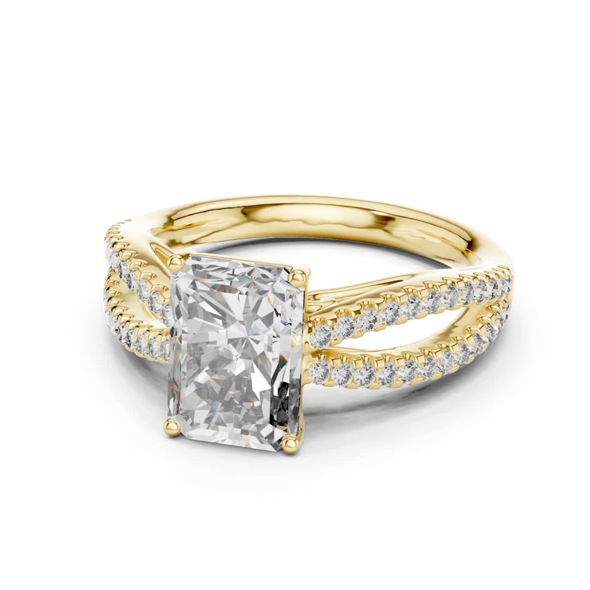 Side view radiant cut diamond ring in yellow gold
Yellow gold radiant diamond ring with split pave band
Radiant cut diamond side profile ring with double shank
Yellow gold radiant diamond bridal ring side angle view
Side view radiant lab diamond ring with pave details
Yellow gold radiant diamond ring with crossover band
Elegant side profile radiant diamond ring
Radiant center stone ring with split shank in gold
Yellow gold radiant cut ring with pave side diamond 
Luxury radiant diamond ring side angle
