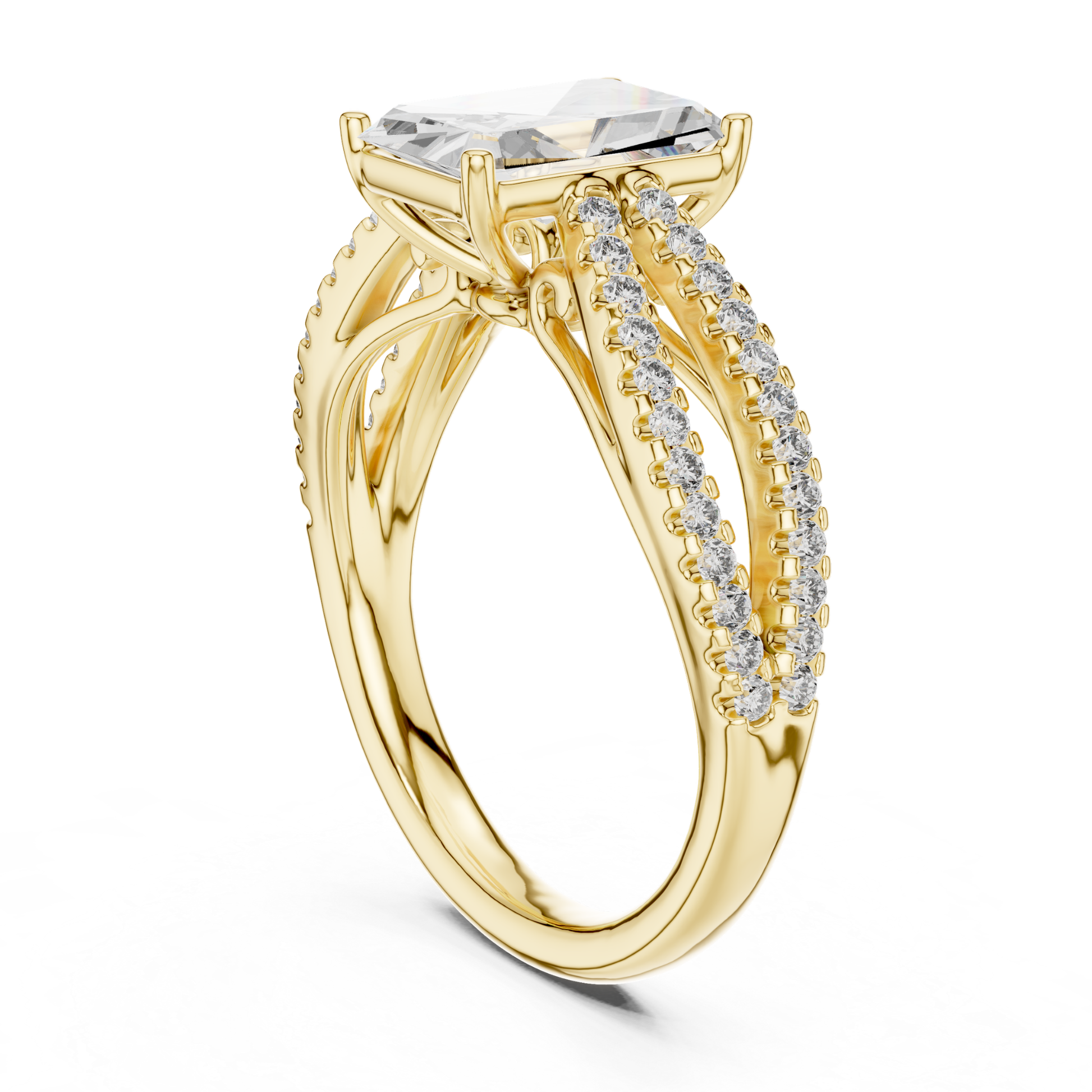 Back side view radiant cut diamond ring in yellow gold
Yellow gold radiant diamond ring with split pave shank
Radiant cut diamond ring back view
Yellow gold radiant center stone ring with double pave band
Rear side angle radiant diamond bridal ring in yellow gold
Yellow gold radiant diamond ring with open gallery design
Elegant radiant cut ring with split shank back view
Yellow gold radiant diamond ring with pave detailing rear profile
Luxury radiant cut diamond ring 
Back angle radiant diamond ring