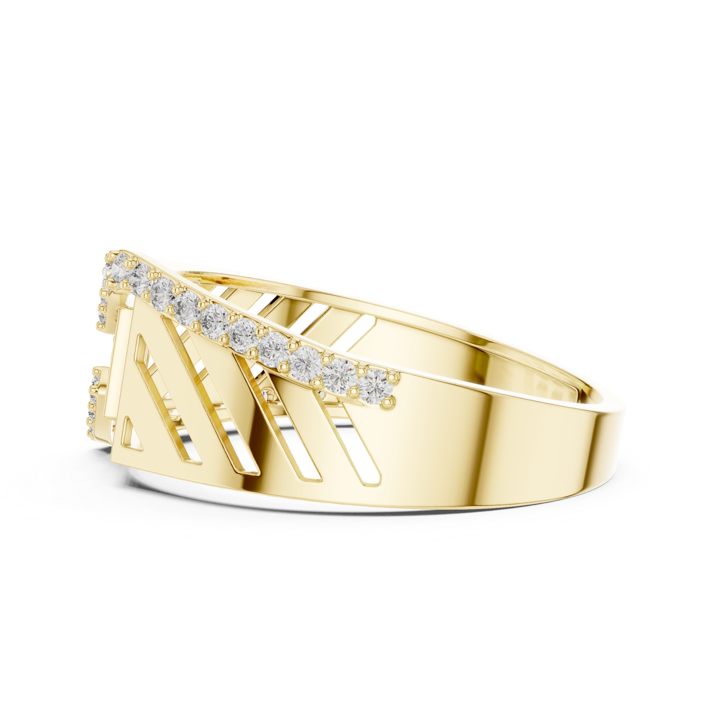 Angled view yellow gold Roman style diamond ring
Yellow gold geometric diamond ring perspective view
Roman numeral yellow gold diamond band profile
Yellow gold statement ring with round diamonds
Wide band yellow gold diamond ring angled side
Modern yellow gold architectural diamond ring
Yellow gold luxury diamond ring side profile
Contemporary yellow gold round diamond ring
Yellow gold designer band with diamond accents
Geometric yellow gold fashion ring angled view