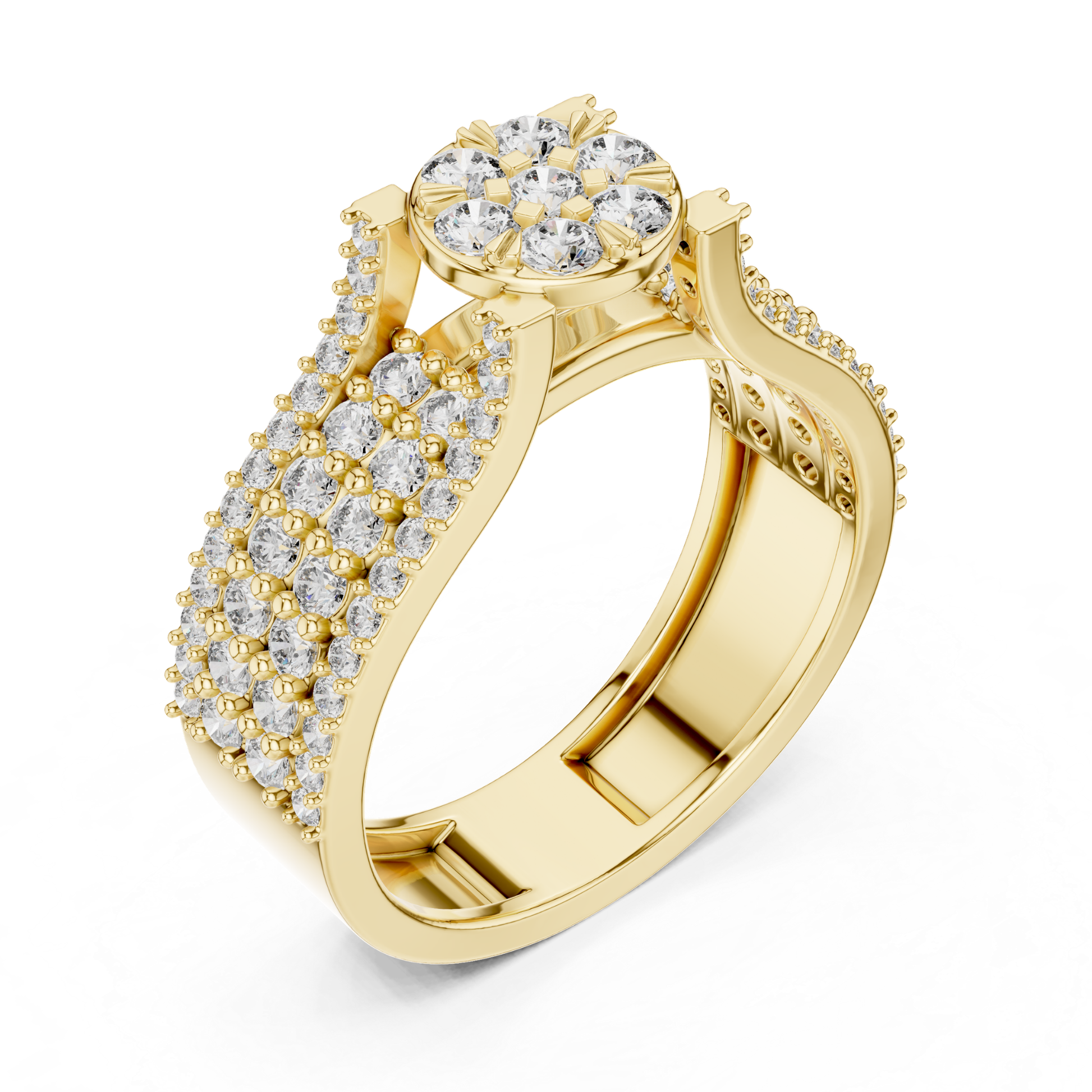 Round diamond cluster ring in yellow gold
Yellow gold diamond cluster ring with wide pave band
Floral diamond statement ring in yellow gold
Round diamond flower cluster ring angled profile
Yellow gold ring with round diamond cluster center angled view
Multi diamond cluster ring with pave detailing in yellow gold
Yellow gold floral diamond ring with wide band
Pave diamond band with round cluster center perspective angle
Classic round diamond cluster ring
Yellow gold diamond flower ring 