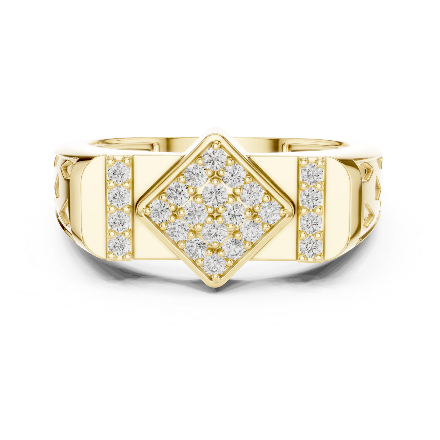 Yellow gold diamond cluster ring front view
Round diamond geometric ring in yellow gold
Yellow gold statement ring with diamond center
Gold cluster ring with inspired diamond design
Round cut diamond ring with bold gold band
Yellow gold fashion ring with geometric top
Elegant yellow gold ring with diamond detail
Modern yellow gold geometric ring with finish
Luxury yellow gold diamond ring with profile
Yellow gold multi diamond ring with setting