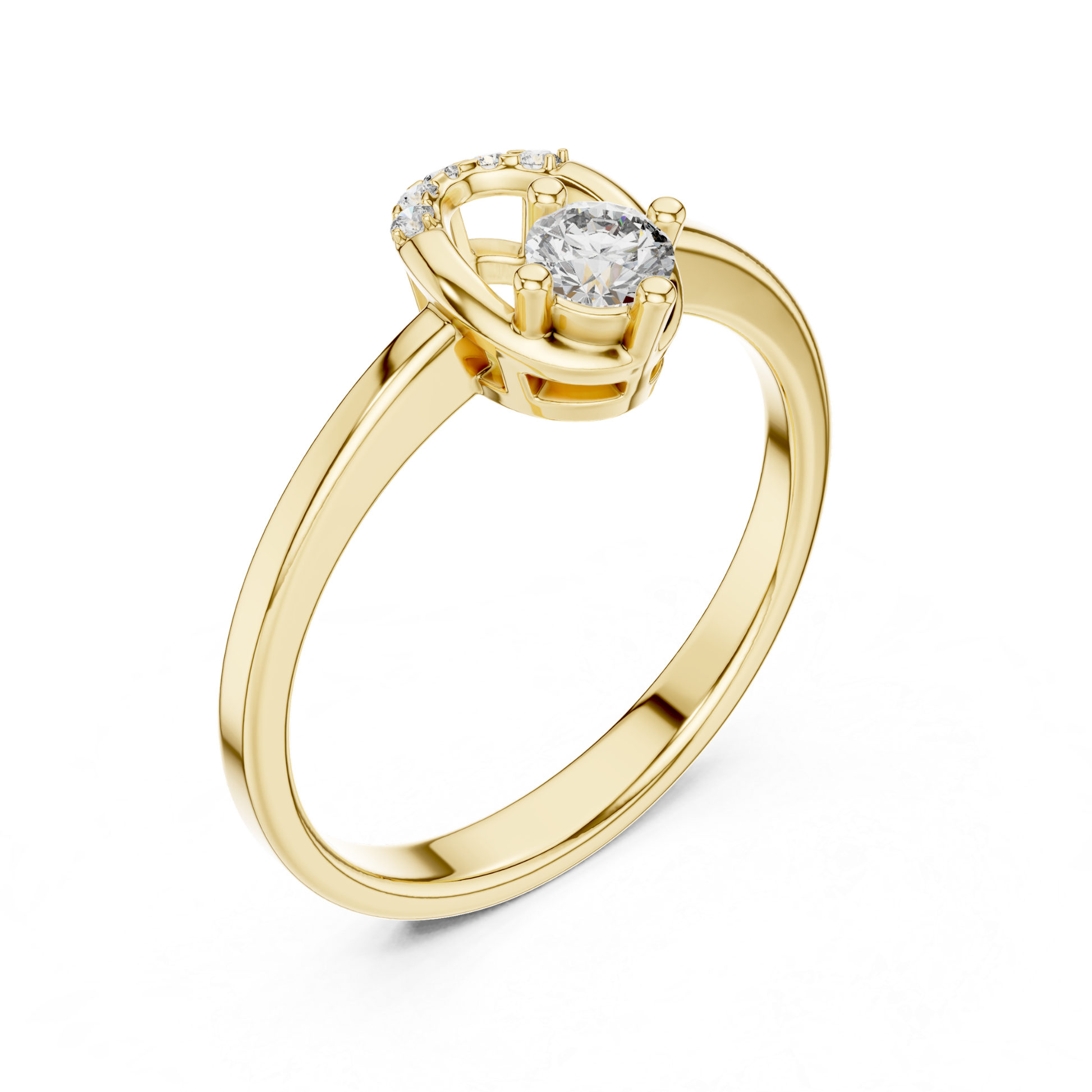 Yellow gold round diamond ring angled perspective view
Solitaire diamond ring with curved halo detail in gold
Elegant yellow gold ring with round cut center diamond
Angled view of yellow gold engagement style ring
Minimal gold diamond ring with open gallery setting
Round diamond ring with polished yellow gold band
Fine yellow gold solitaire ring with accent diamonds
Modern yellow gold ring with elevated diamond mount
Delicate round diamond ring with slim gold shank
Yellow gold diamond ring with prong set