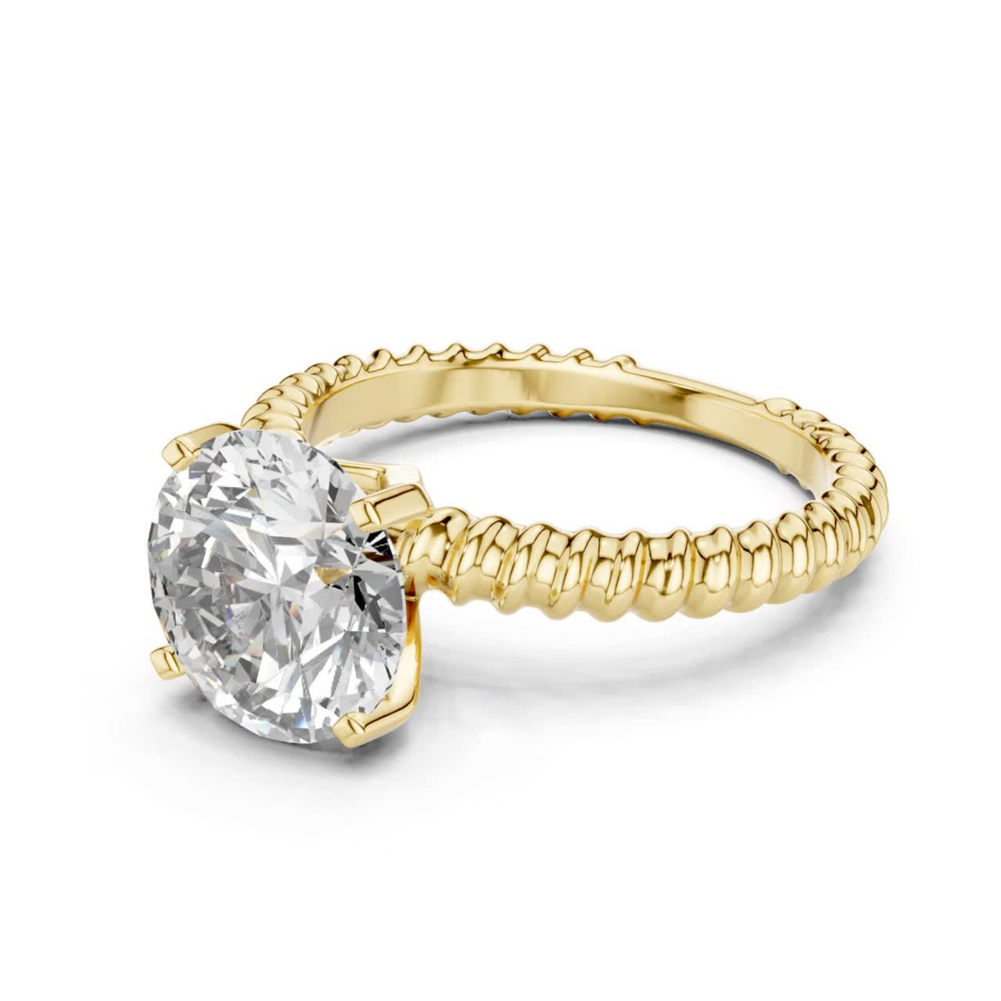 Yellow gold round cut diamond rope band side angle
Angled view of yellow gold solitaire diamond ring
Round diamond ring with twisted rope band
Four prong yellow gold round diamond ring
Yellow gold solitaire ring with textured band
Round brilliant diamond rope shank ring
Yellow gold engagement ring side angle
Polished yellow gold round diamond ring
Rope band yellow gold solitaire ring profile
Yellow gold round diamond prong setting ring