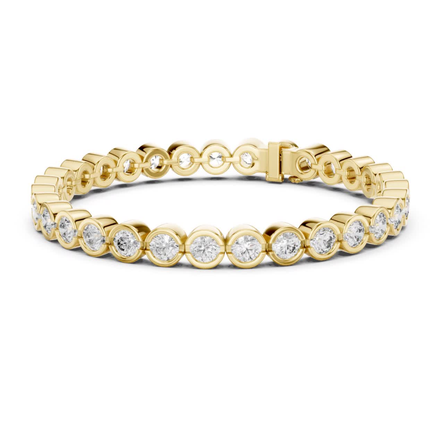 Yellow gold round diamond circle link bracelet
Diamond bracelet with bezel framed stones
Yellow gold diamond chain bracelet design
Round stone bracelet with linked settings
Yellow gold diamond wrist bracelet
Continuous round diamond bracelet style
Circular diamond link bracelet in yellow gold
Diamond bracelet with polished gold links
Round diamond bracelet with secure clasp
Yellow gold luxury diamond bracelet