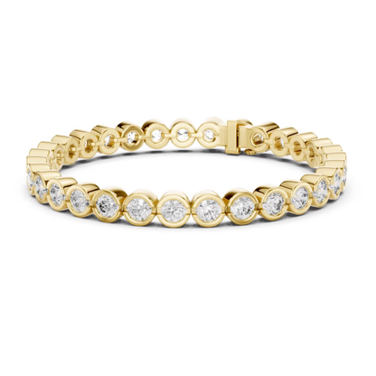 Yellow gold round diamond circle link bracelet
Diamond bracelet with bezel framed stones
Yellow gold diamond chain bracelet design
Round stone bracelet with linked settings
Yellow gold diamond wrist bracelet
Continuous round diamond bracelet style
Circular diamond link bracelet in yellow gold
Diamond bracelet with polished gold links
Round diamond bracelet with secure clasp
Yellow gold luxury diamond bracelet