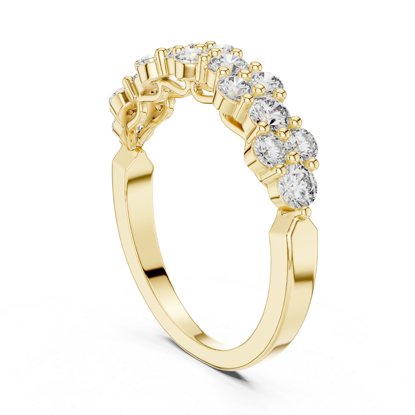Vertical view yellow gold diamond cluster band
Yellow gold round diamond band upright angle
Diamond cluster wedding band vertical profile
Yellow gold multi diamond anniversary ring
Round diamond stackable band vertical view
Shared prong diamond band yellow gold
Yellow gold floral diamond band ring
Minimal diamond cluster ring upright angle
Yellow gold round diamond statement band
Upright yellow gold diamond wedding band