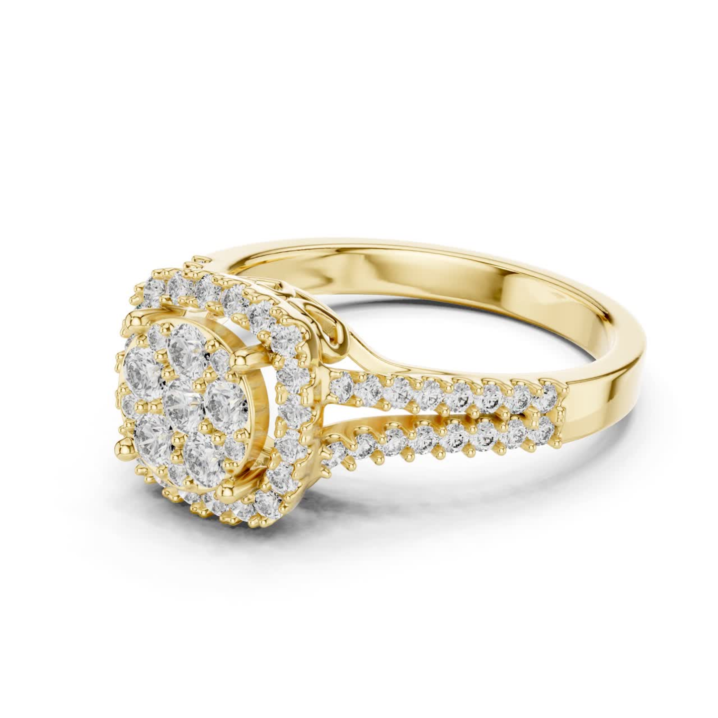 Side view yellow gold round diamond cluster halo ring
Yellow gold round diamond halo ring angled view
Round diamond cluster ring in yellow gold side profile
Yellow gold halo ring with round diamonds side view
Luxury yellow gold diamond cluster ring perspective view
Split shank yellow gold round diamond halo ring
Yellow gold round diamond engagement ring side angle
Elegant yellow gold cluster halo ring close-up
Premium yellow gold round diamond ring side profile
Yellow gold diamond cluster halo ring detailed