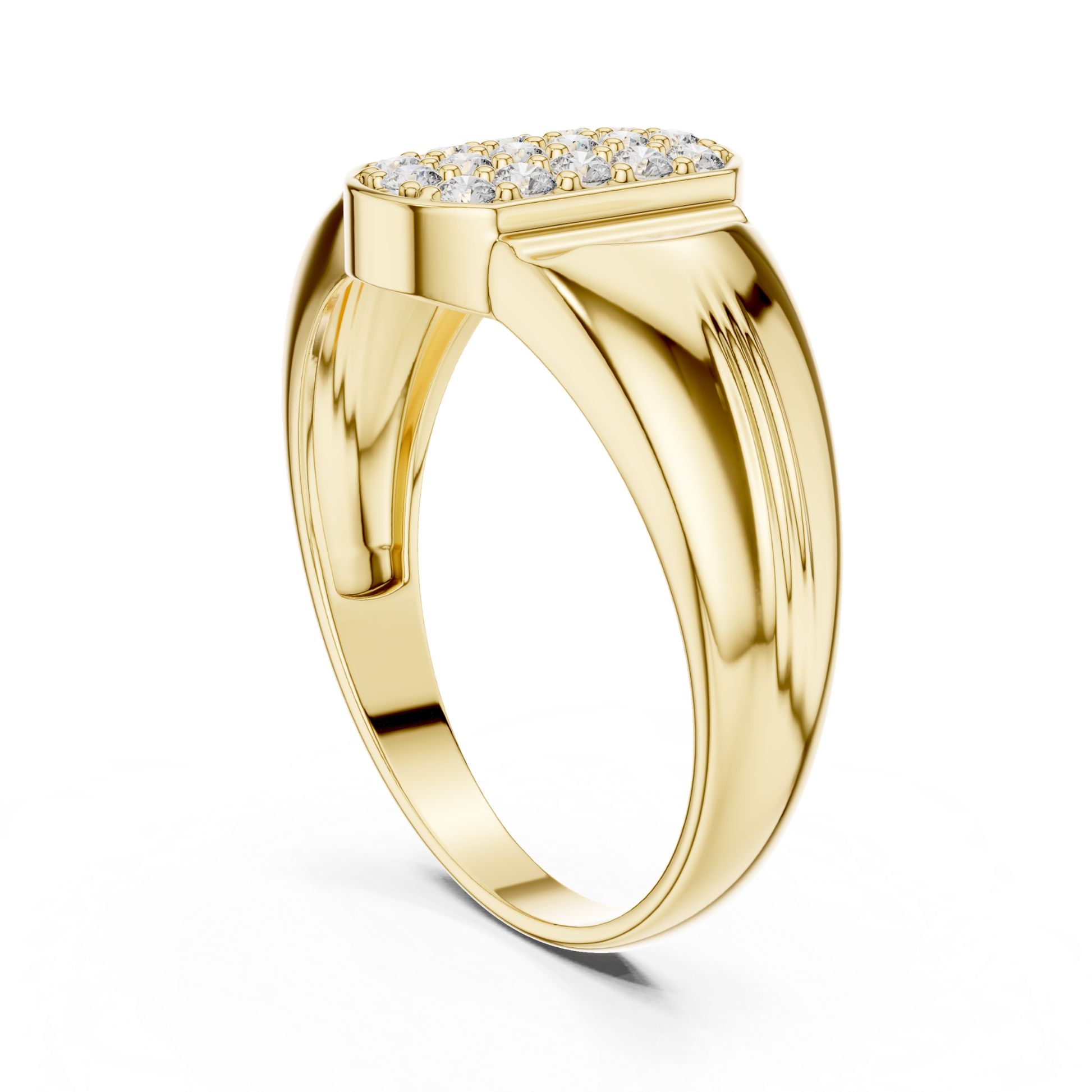 Yellow gold diamond signet ring
Rear angled view of diamond cluster ring in yellow gold
Yellow gold cluster ring with tapered band rear profile
Polished yellow gold ring with raised top rear view
Round cut diamond ring with rear angled band view
Yellow gold fashion ring with bold rear design
Elegant rear angled view of yellow gold cluster ring
Modern yellow gold signet ring with side profile
Luxury yellow gold diamond ring with polished rear finish
Yellow gold multi diamond ring with tapered rear shank