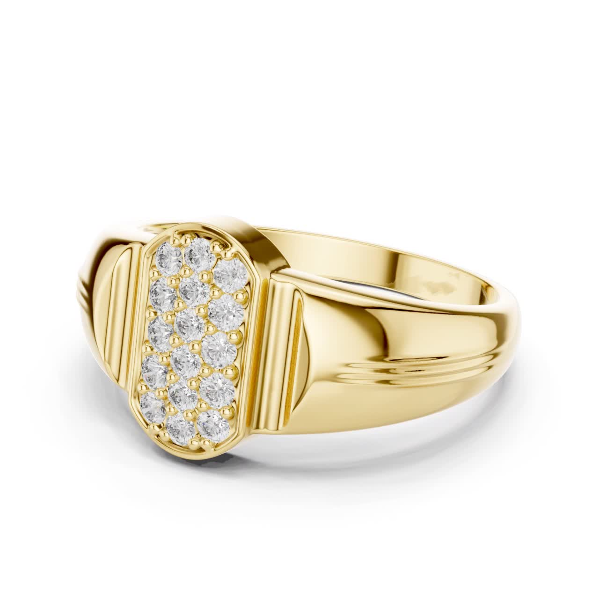 Yellow gold cluster signet ring side view
Side profile of diamond cluster ring in yellow gold
Yellow gold statement ring with tapered band side view
Polished yellow gold ring with bold side profile
Round cut ring with sleek yellow gold band
Yellow gold ring with raised rectangular top side
Elegant side view of yellow gold signet ring
Modern yellow gold ring with curved band profile
Luxury yellow gold ring with polished side detail
Yellow gold diamond ring with thick tapered shank