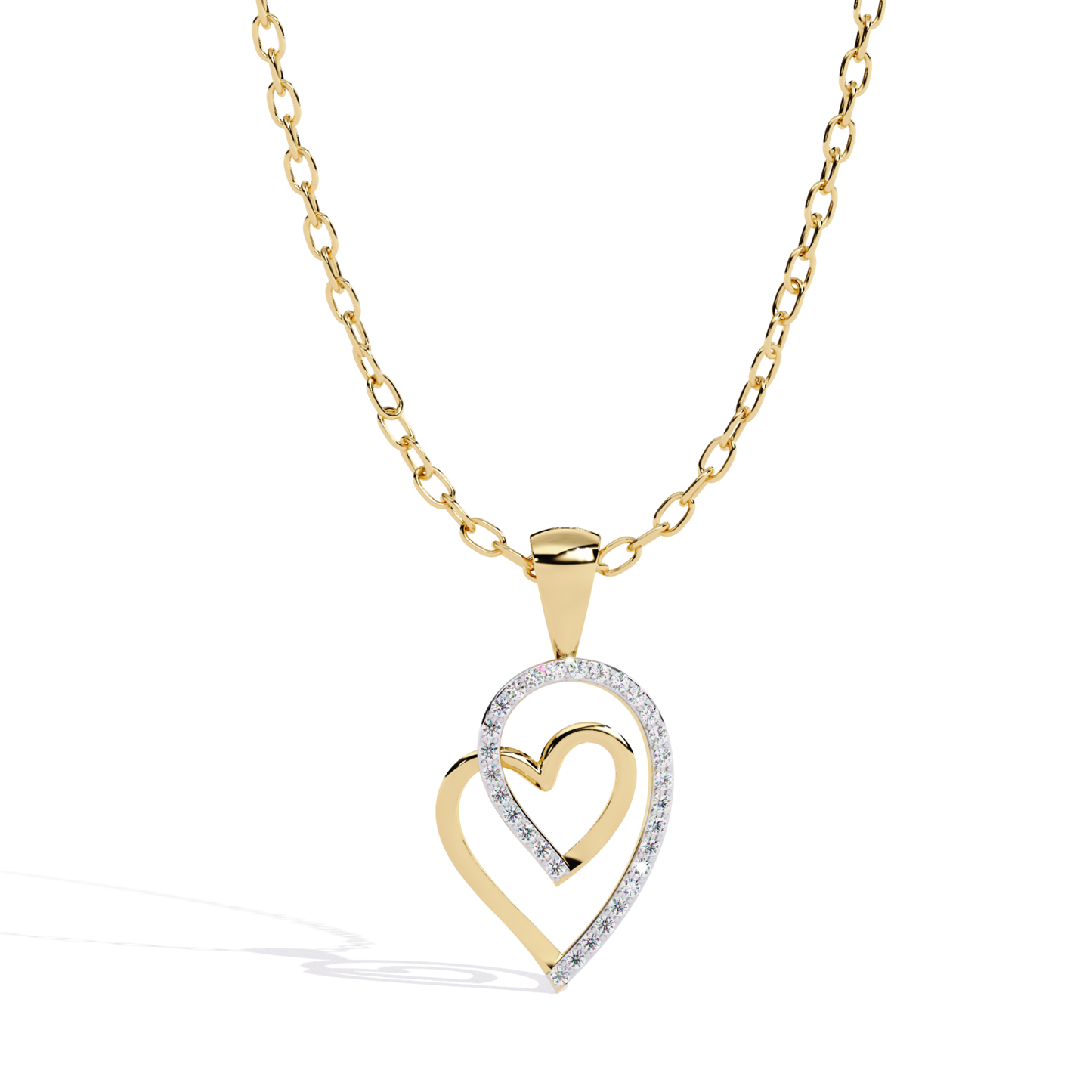 Yellow gold double heart diamond pendant
Round diamond double heart pendant
Yellow gold open heart diamond pendant
Double heart pendant with round diamonds
Yellow gold diamond heart pendant
Elegant double heart pendant design
Open heart diamond pendant in yellow gold
Polished double heart diamond pendant
Modern heart pendant with diamonds
Yellow gold layered heart pendant