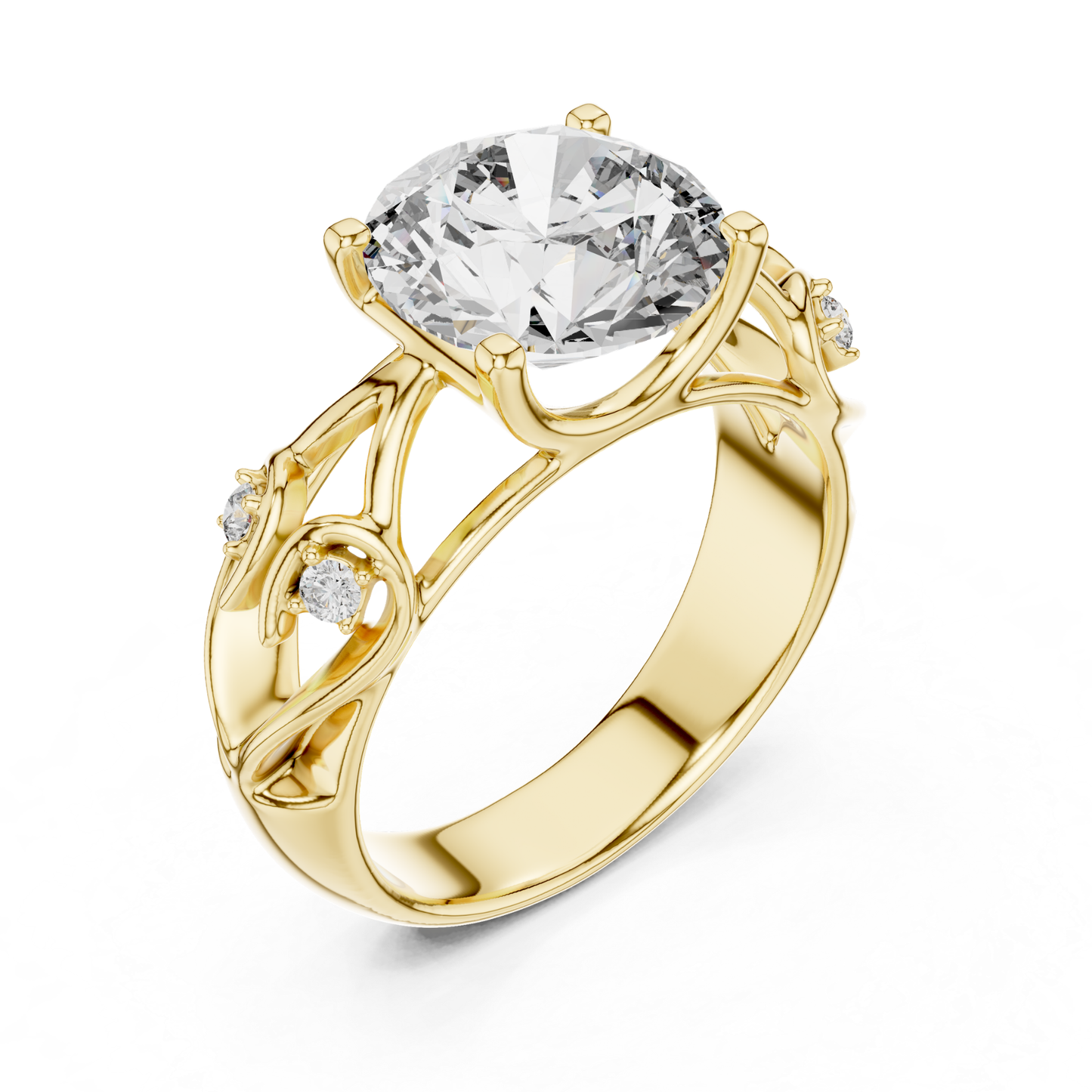 Yellow gold round diamond floral ring angled view
Angled view of yellow gold round diamond ring
Yellow gold floral engagement ring with round diamond
Round diamond ring with floral open band design
Yellow gold nature inspired round diamond ring
Round solitaire diamond ring with floral details
Yellow gold leaf inspired diamond ring
Yellow gold floral ring with six prong setting
Angled yellow gold ring with round lab grown diamond
Yellow gold round diamond floral statement ring
