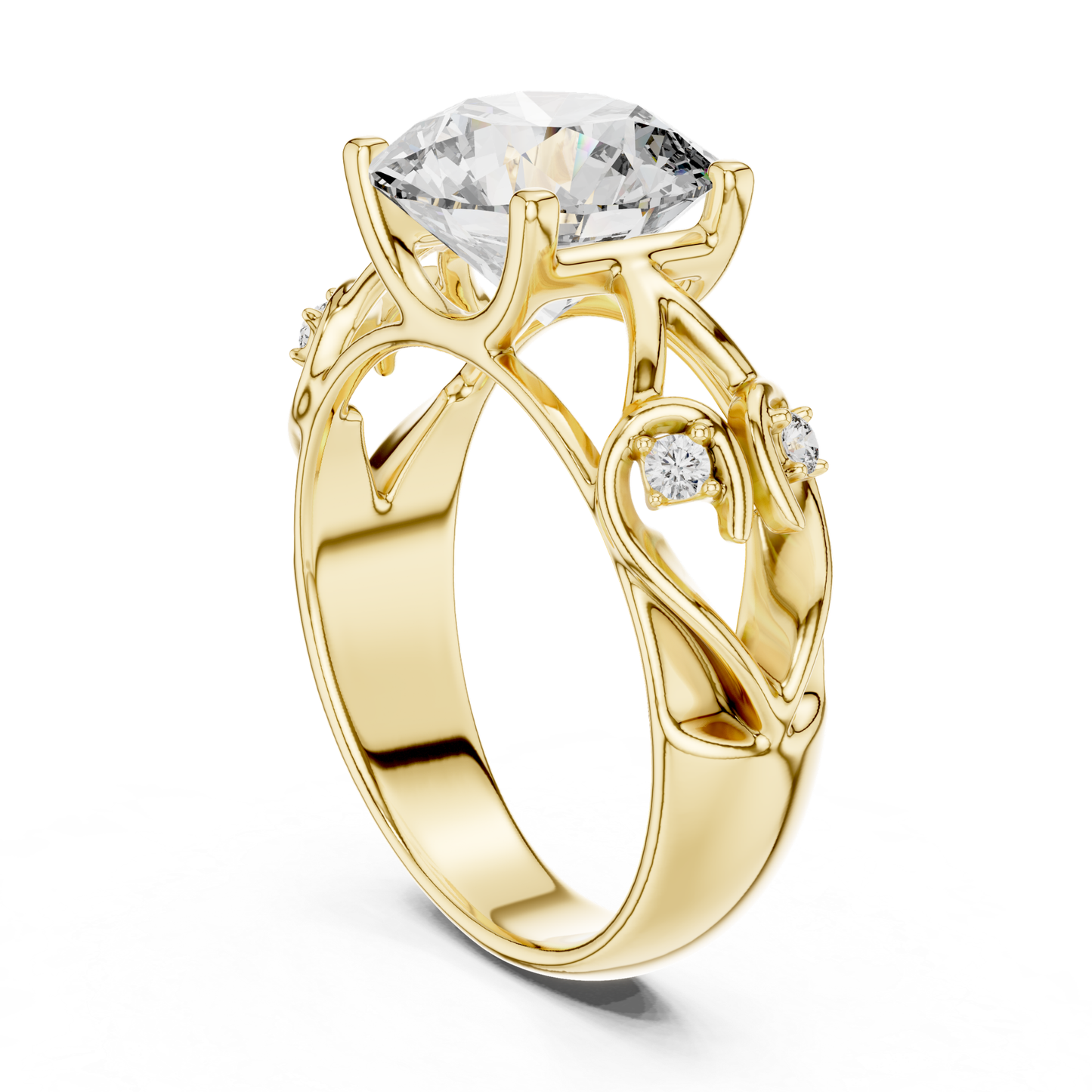 Yellow gold round diamond floral ring rear angle
Rear angle of yellow gold round diamond ring
Yellow gold floral ring with round center diamond
Round diamond ring with floral open band
Yellow gold nature inspired diamond ring
Yellow gold six prong round diamond ring
Floral yellow gold ring with leaf details
Rear view of yellow gold diamond engagement ring
Yellow gold round lab grown diamond floral ring
Yellow gold floral solitaire diamond ring
