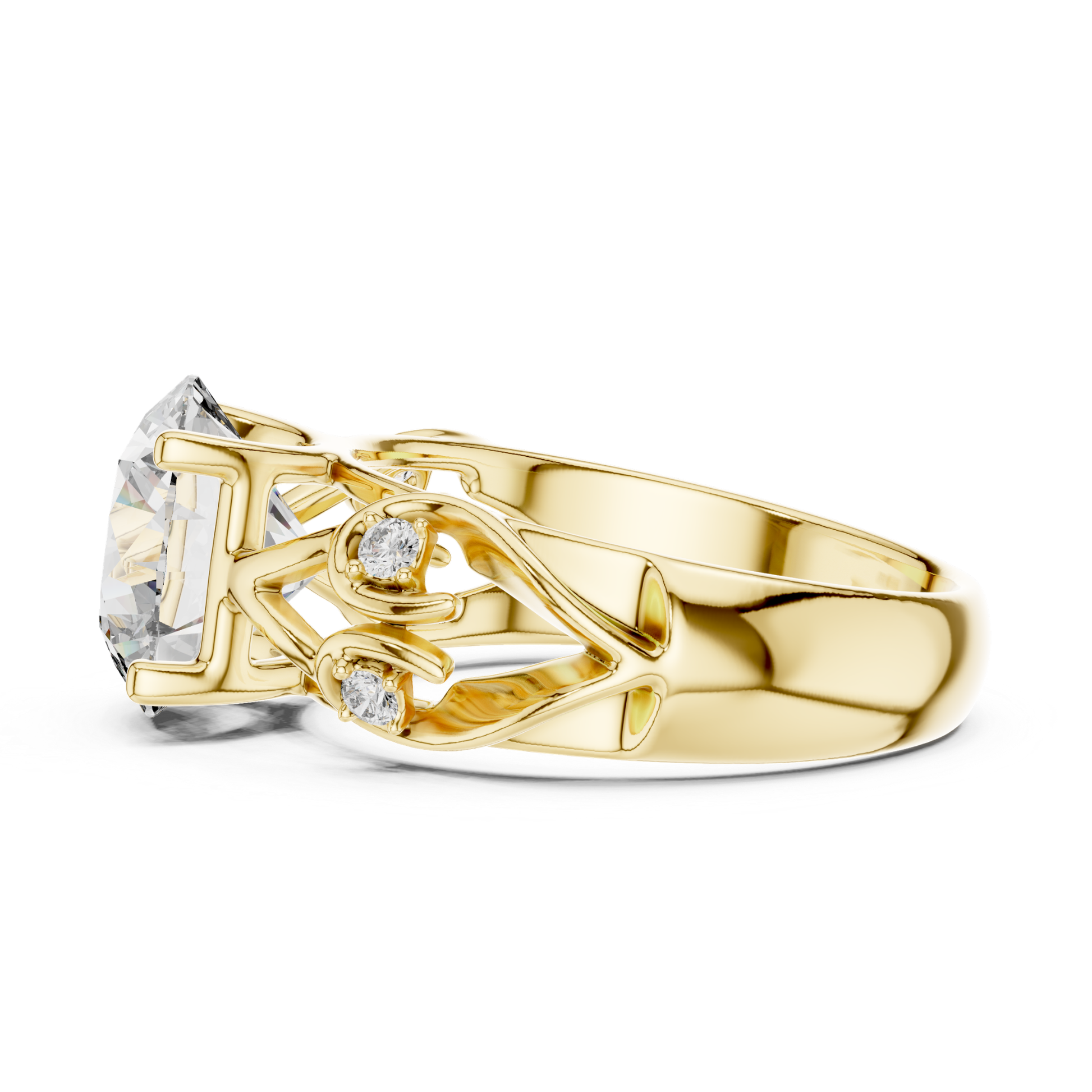 Yellow gold round diamond floral ring side profile
Side profile of yellow gold round diamond ring
Yellow gold floral ring with round center diamond
Round diamond ring with floral side accents
Yellow gold nature inspired diamond ring side view
Yellow gold open floral band diamond ring
Round solitaire ring with floral leaf design
Yellow gold six prong diamond ring side view
Floral yellow gold ring with round lab grown diamond
Yellow gold round diamond engagement ring profile