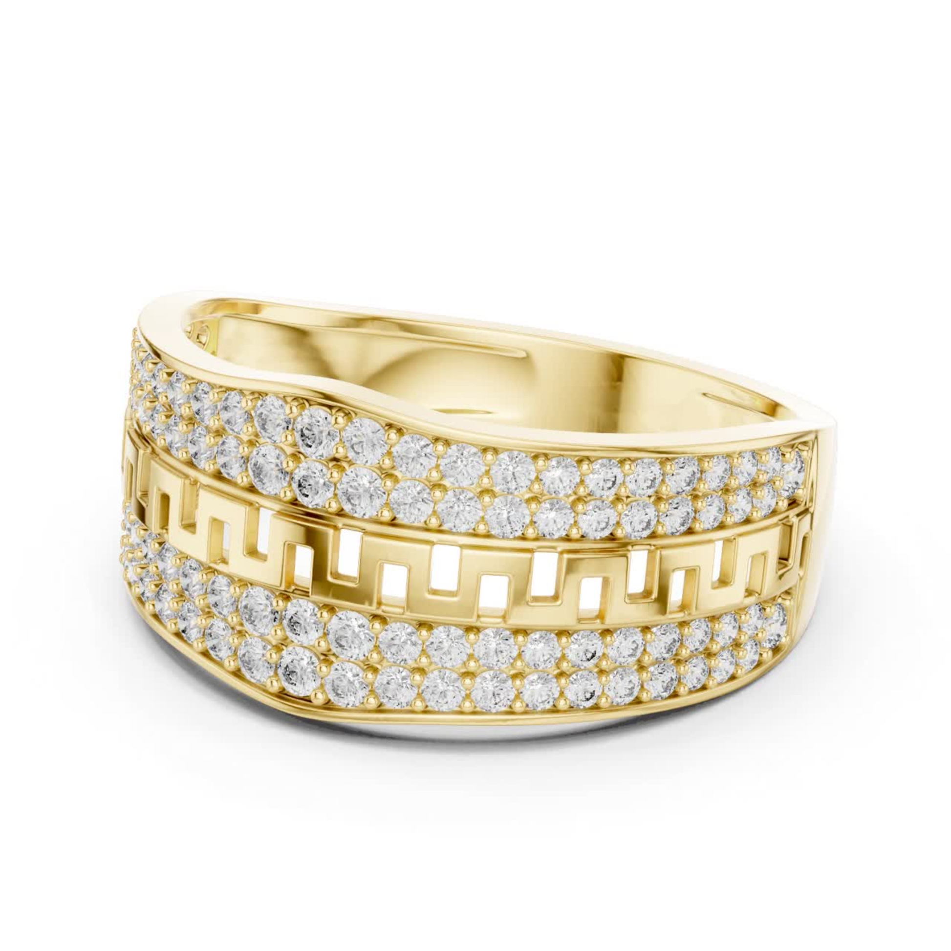 Yellow gold round diamond Greek key band ring
Modern yellow gold pave diamond fashion band
Yellow gold geometric pattern diamond ring
Round diamond yellow gold wide band ring
Yellow gold luxury diamond statement band
Contemporary yellow gold patterned ring design
Yellow gold layered pave diamond band ring
Elegant yellow gold round diamond fashion ring
Yellow gold structured geometric diamond band
Round diamond yellow gold patterned wide ring