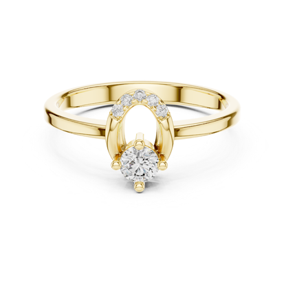 Yellow gold round diamond ring with open halo detail
Minimal yellow gold ring with round solitaire diamond
Round cut diamond ring with curved accent setting
Elegant yellow gold diamond ring front view
Open oval halo ring with round center diamond
Classic yellow gold ring with prong set diamond
Delicate round diamond ring with polished gold band
Modern yellow gold solitaire ring with accent stones
Fine gold ring with round diamond and curved top
Minimalist yellow gold engagement style diamond ring