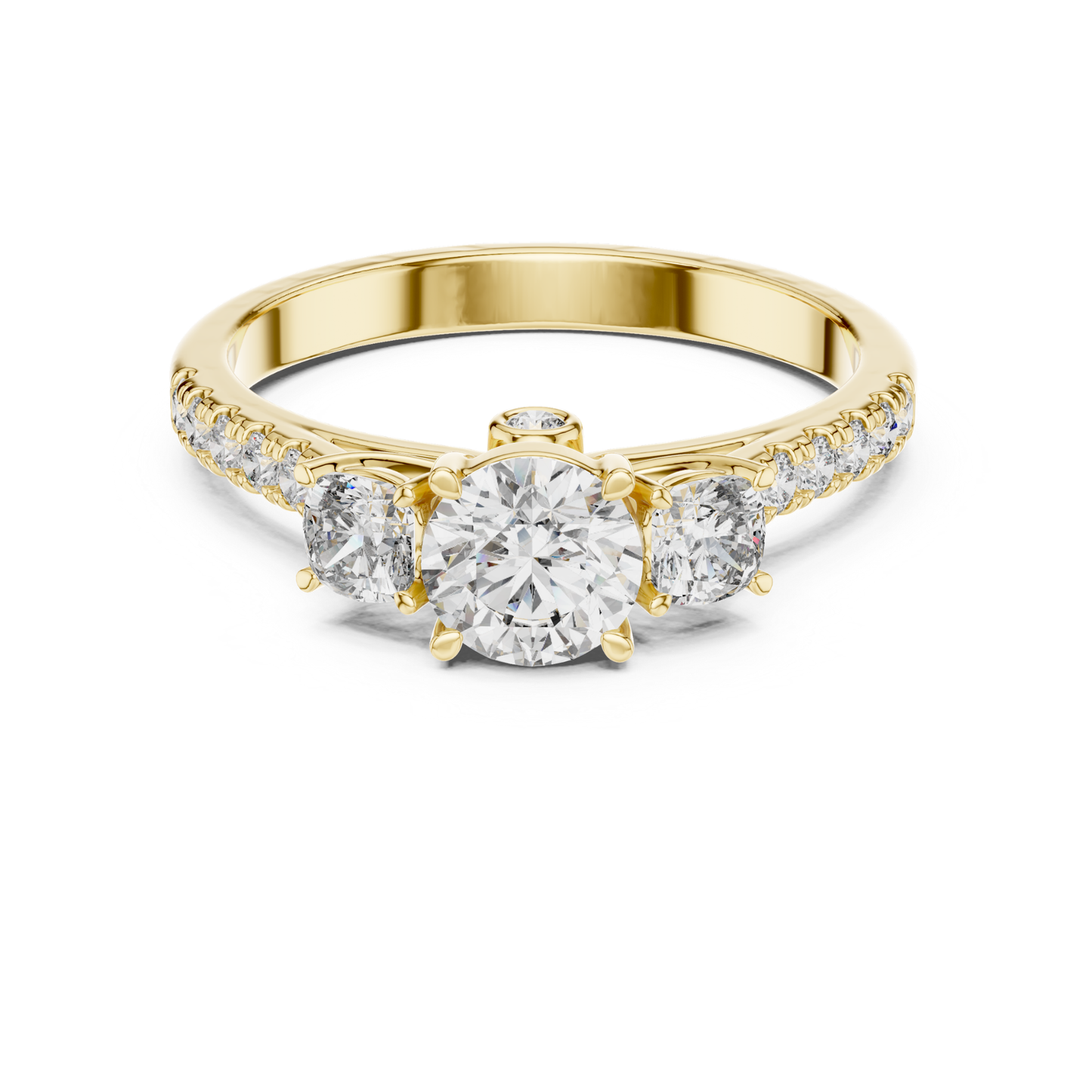 Yellow gold round three stone diamond ring front view
Yellow gold ring with round center diamond
Three stone diamond ring in yellow gold
Round brilliant diamond ring with side stones
Yellow gold diamond ring with pavé band
Classic round three stone diamond ring
Yellow gold engagement ring with round diamonds
Polished yellow gold three stone ring
Round diamond ring with slim yellow gold band
Front view yellow gold diamond ring
