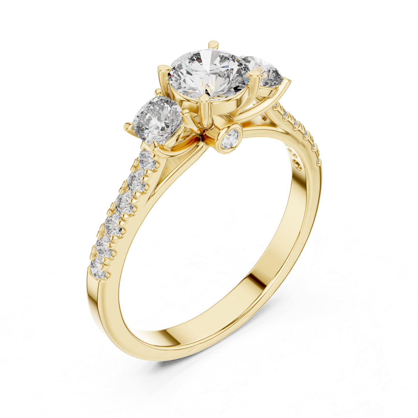 Yellow gold round three stone diamond ring perspective view
Perspective view yellow gold round diamond ring design
Yellow gold three stone diamond ring angled display
Round diamond yellow gold ring with pavé band
Yellow gold engagement ring with side diamonds
Angled yellow gold round diamond ring setting
Yellow gold polished band with round diamonds
Three stone yellow gold diamond ring close view
Yellow gold ring with round diamond gallery
Round diamond yellow gold ring perspective angle